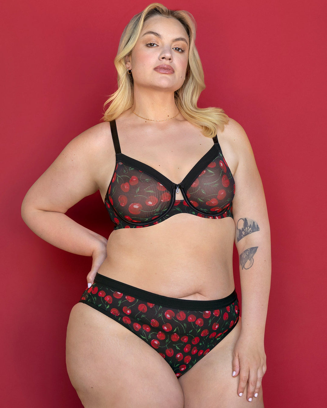 Curvy Couture Sheer Mesh Full Coverage Unlined Underwire Bra in Cherry Pop