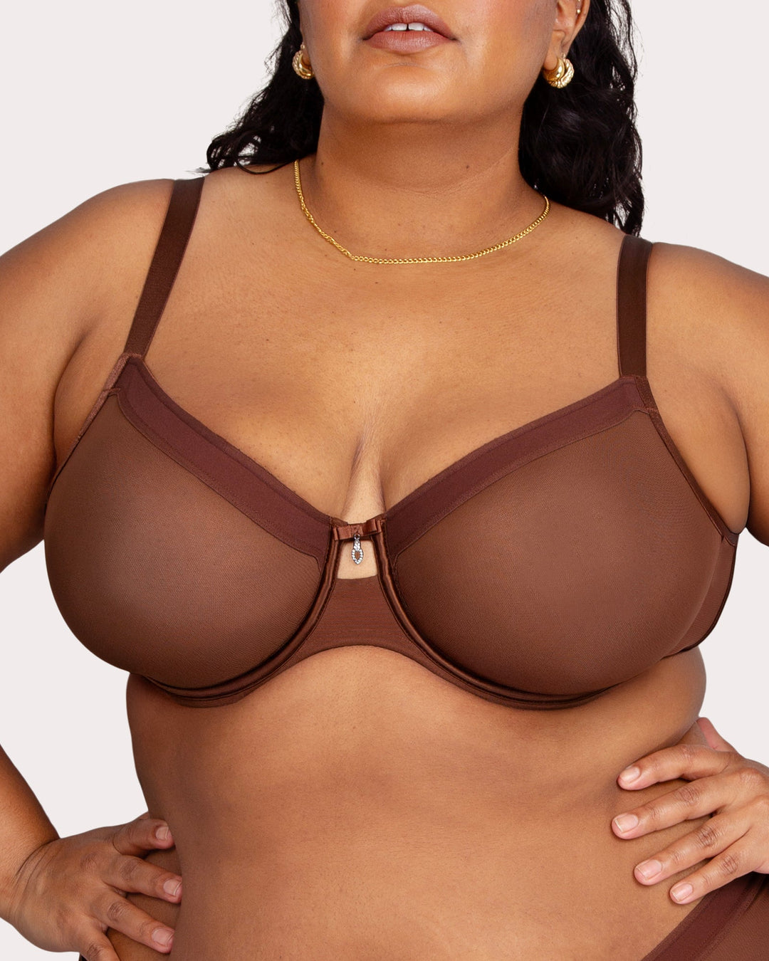 Curvy Couture Sheer Mesh Full Coverage Unlined Underwire Bra in Chocolate Nude