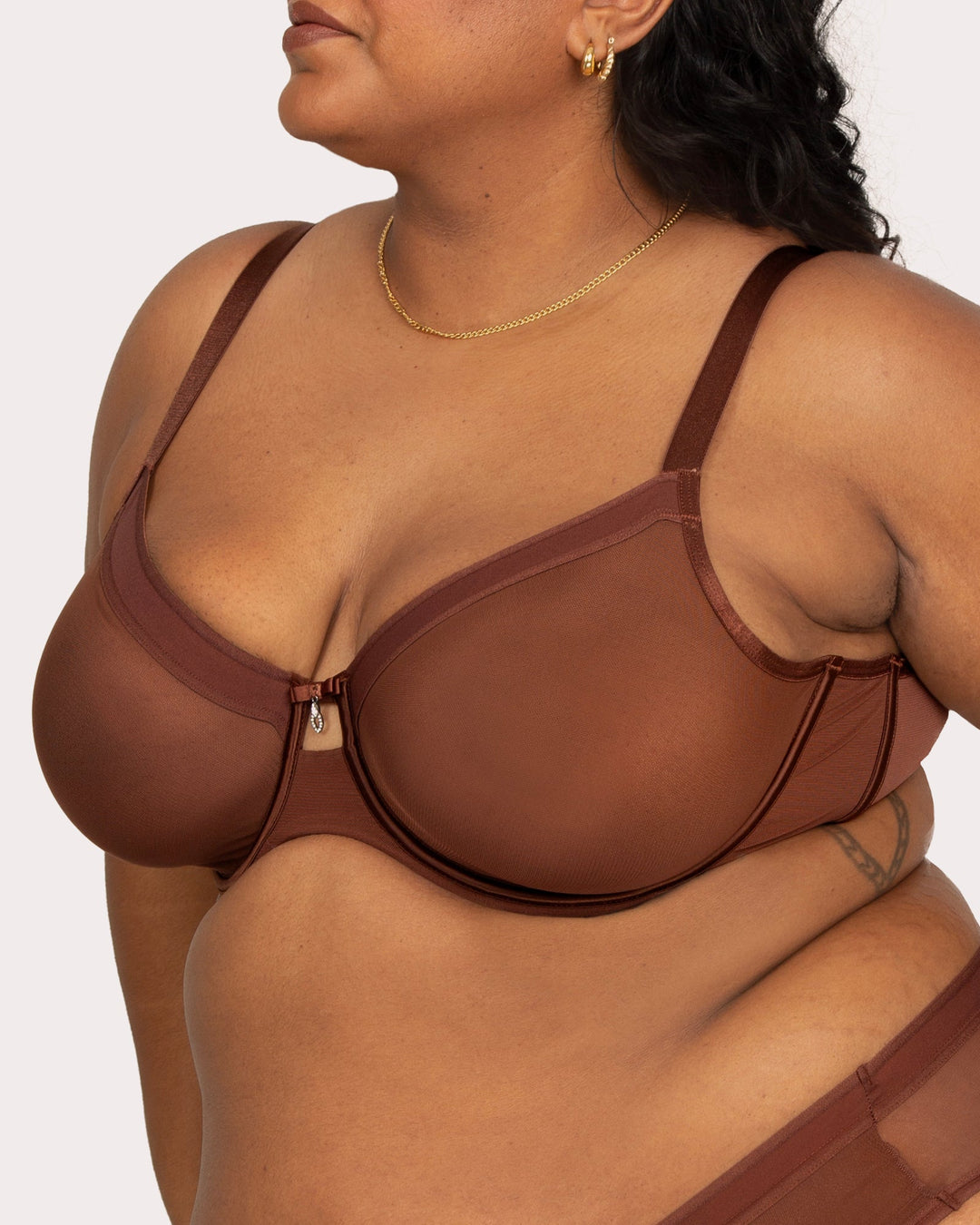 Curvy Couture Sheer Mesh Full Coverage Unlined Underwire Bra in Chocolate Nude