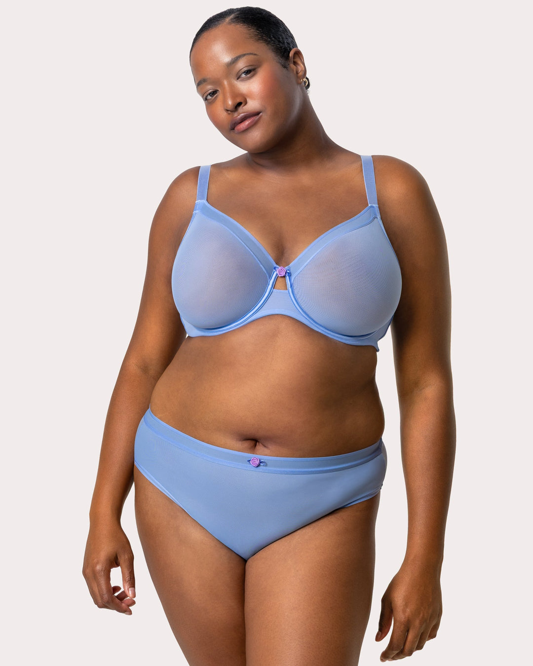 Curvy Couture Sheer Mesh Full Coverage Unlined Underwire Bra in Denim Blue