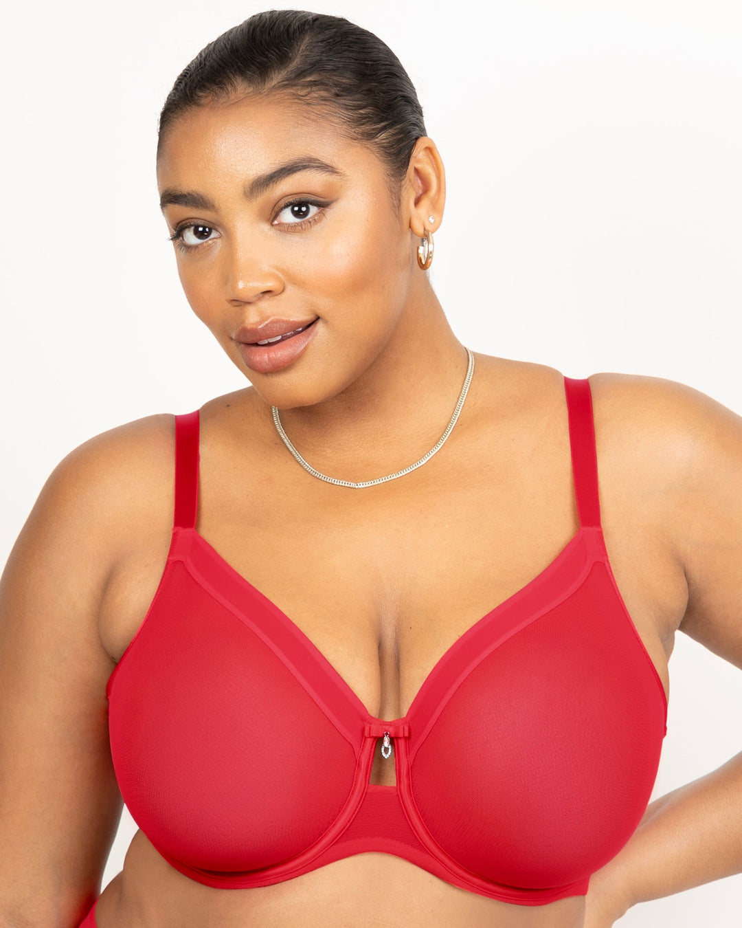 Curvy Couture Sheer Mesh Full Coverage Unlined Underwire Bra in Diva Red