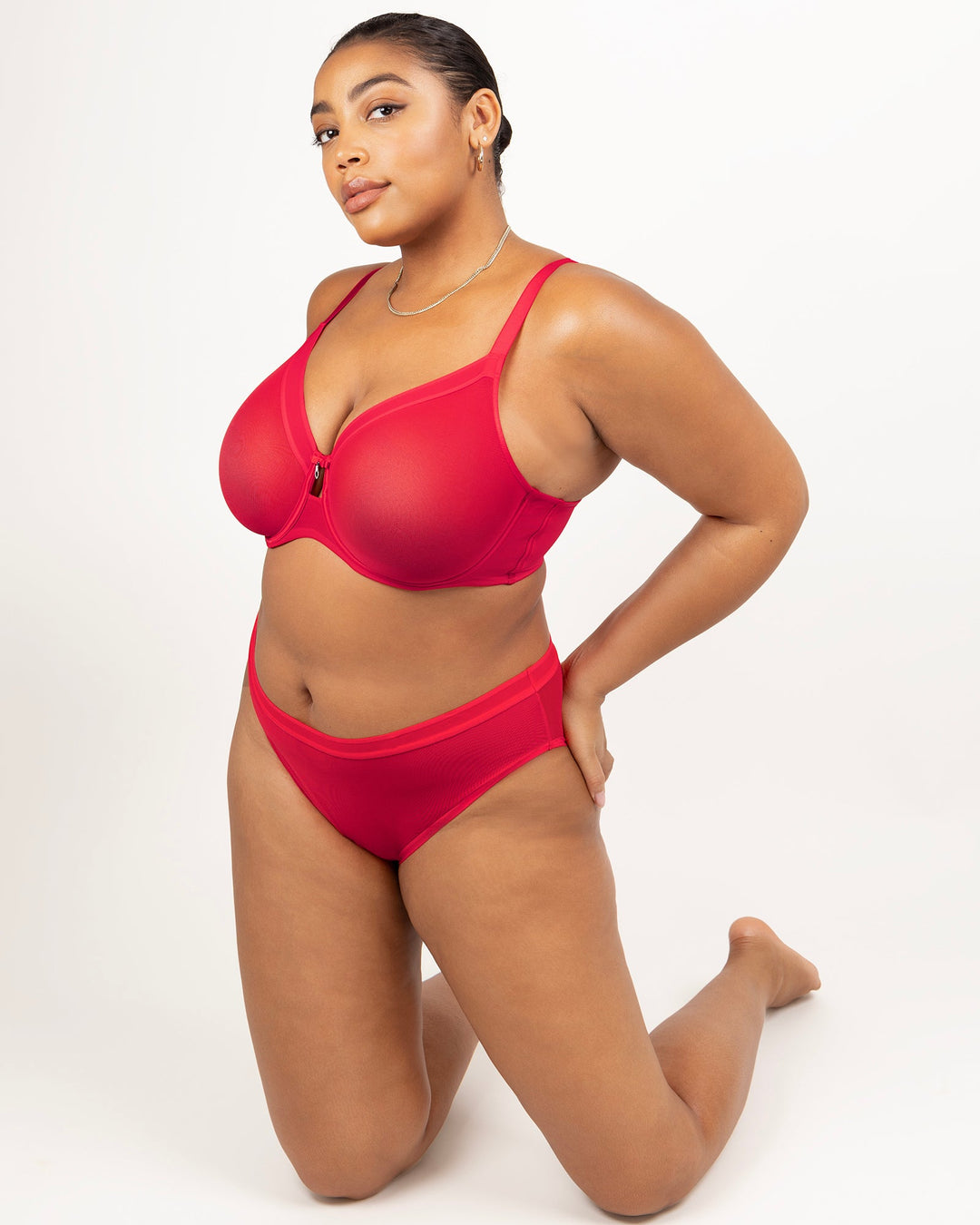 Curvy Couture Sheer Mesh Full Coverage Unlined Underwire Bra in Diva Red