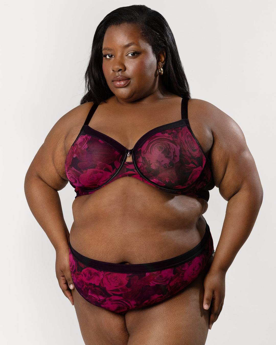 Curvy Couture Sheer Mesh Full Coverage Unlined Underwire Bra in Dramatic Roses