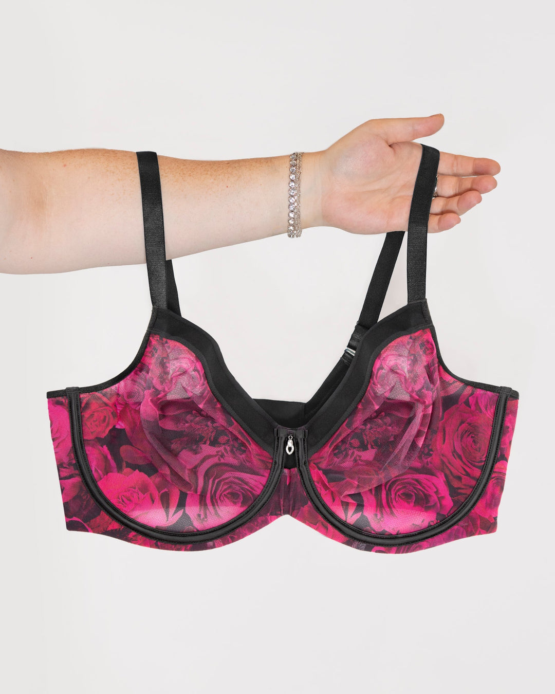 Curvy Couture Sheer Mesh Full Coverage Unlined Underwire Bra in Dramatic Roses
