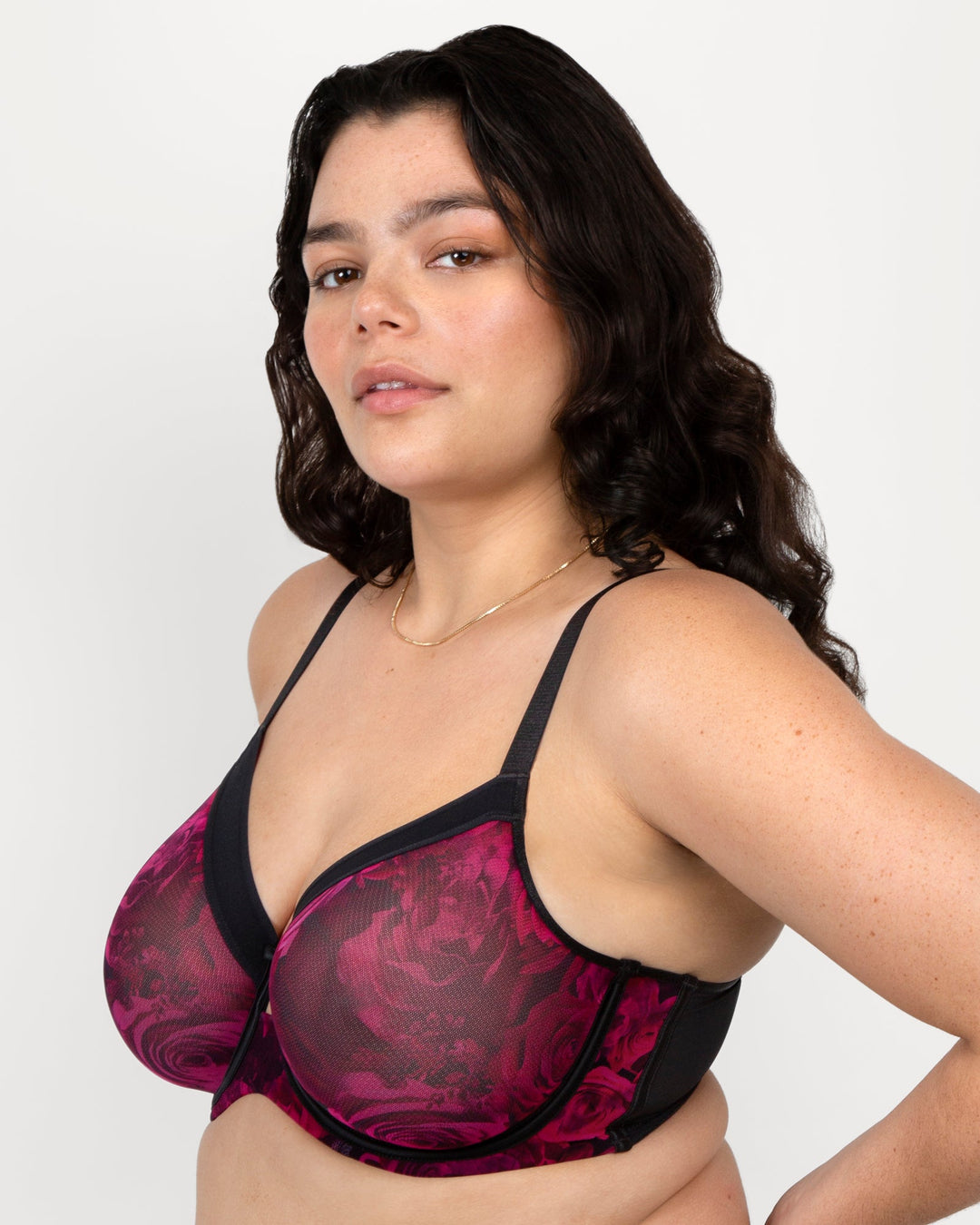 Curvy Couture Sheer Mesh Full Coverage Unlined Underwire Bra in Dramatic Roses