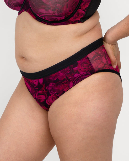 Sheer Mesh High Cut Brief Panty - Dramatic Roses