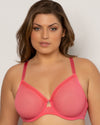 Curvy Couture Sheer Mesh Full Coverage Unlined Underwire Bra in Sun Kissed Coral