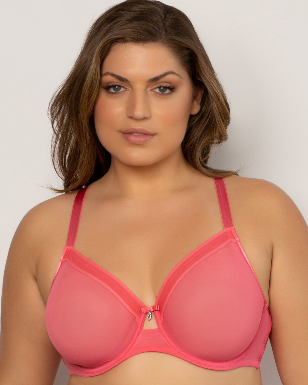 Curvy Couture Sheer Mesh Full Coverage Unlined Underwire Bra in Sun Kissed Coral