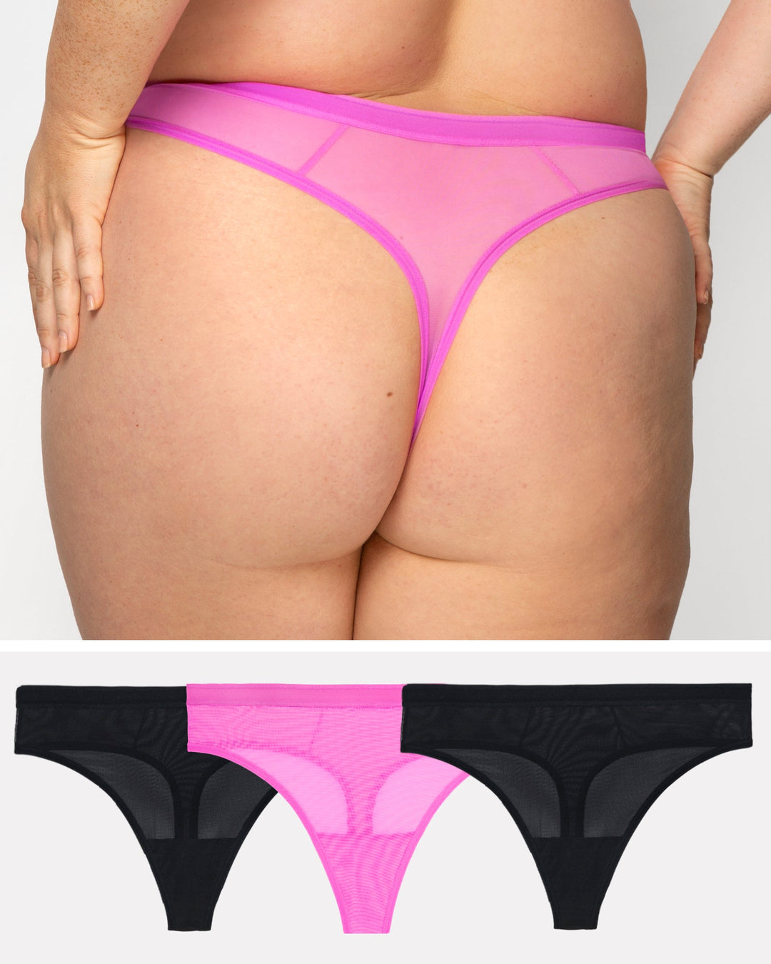 A model is shown from the back wearing a bright pink sheer mesh thong with a pink waistband. Below, two pairs of thong underwear are displayed side-by-side: one black and one pink, both showing the sheer mesh back design.