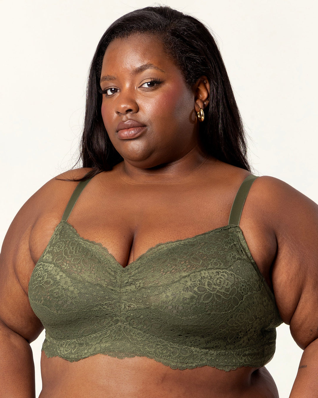Curvy Couture Luxe Lace Wireless Bralette in Olive Night
