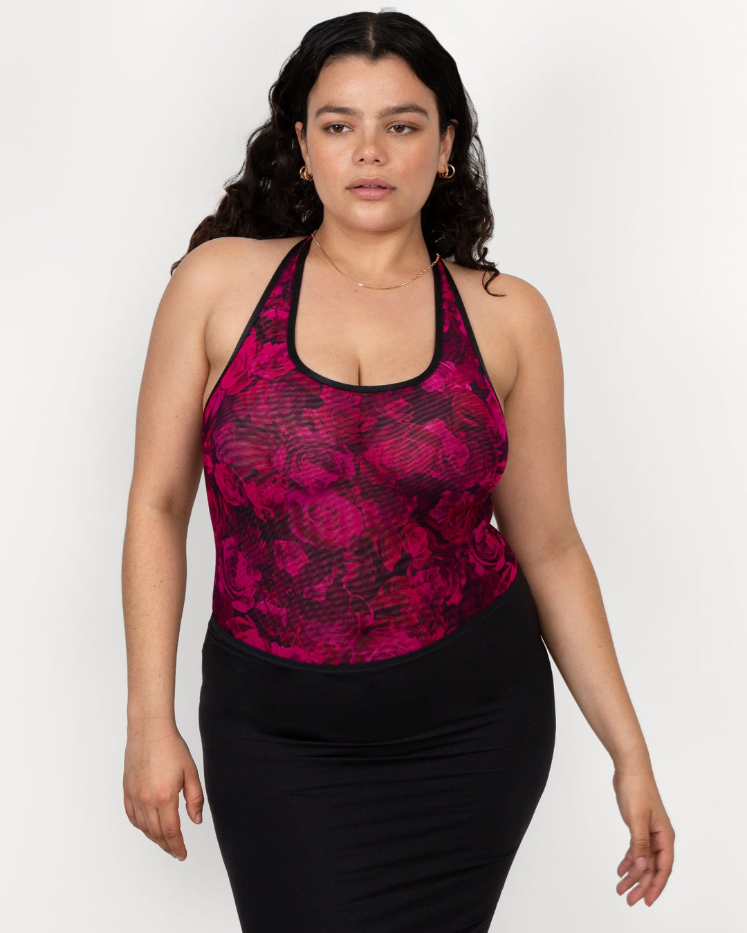Curvy Couture Sheer Mesh Bodysuit in Dramatic Roses