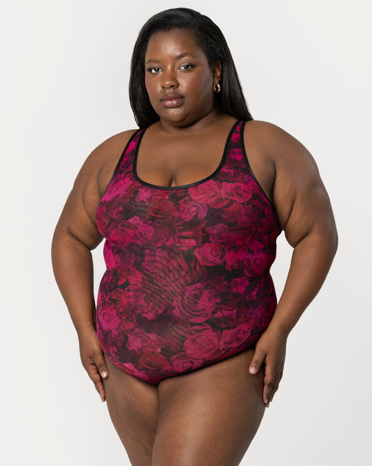 Curvy Couture Sheer Mesh Bodysuit in Dramatic Roses