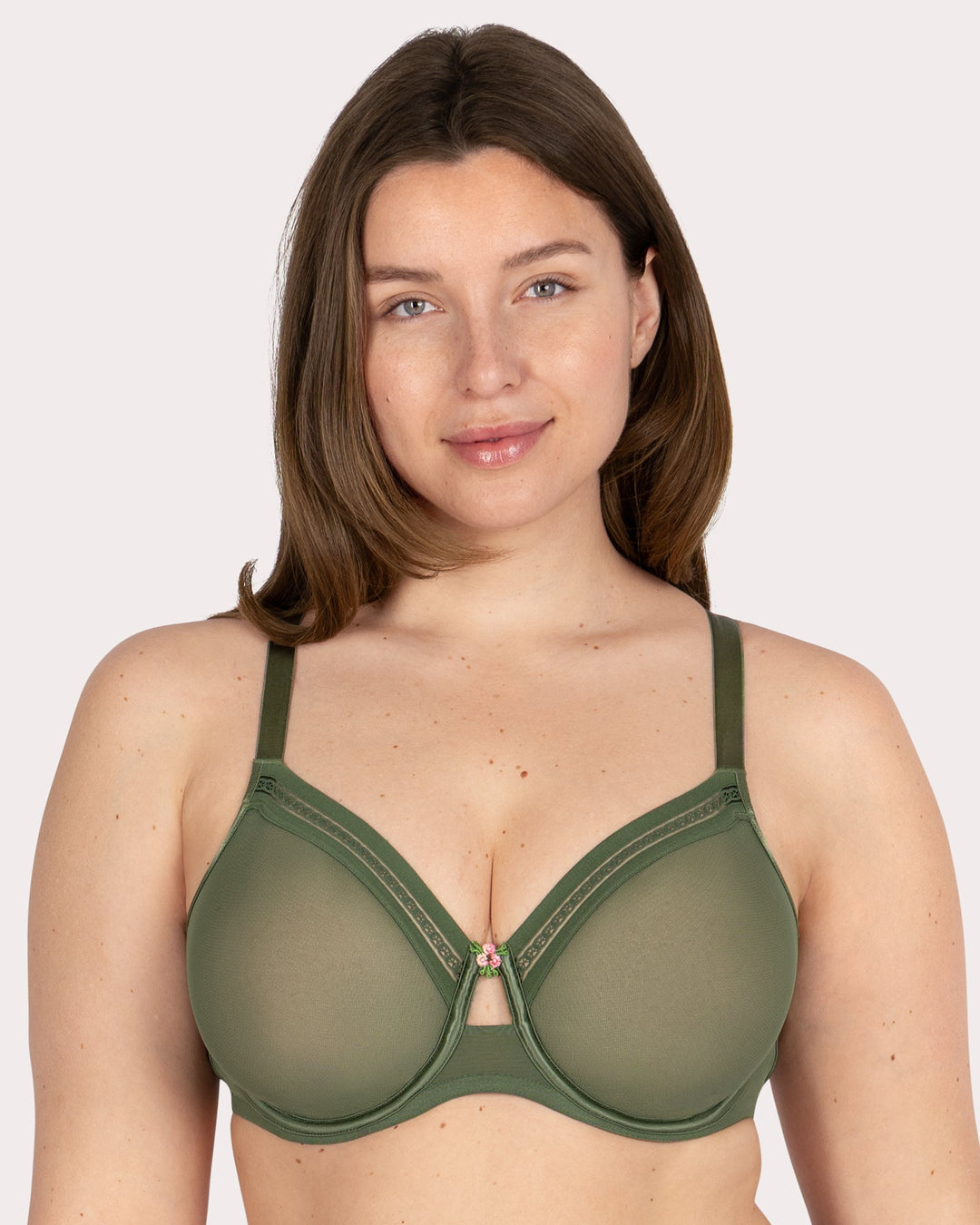 Curvy Couture Sheer Mesh Full Coverage Underwire Bra with Geometric Trim in Bronze Green