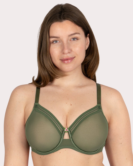Curvy Couture Sheer Mesh Full Coverage Underwire Bra with Geometric Trim in Bronze Green
