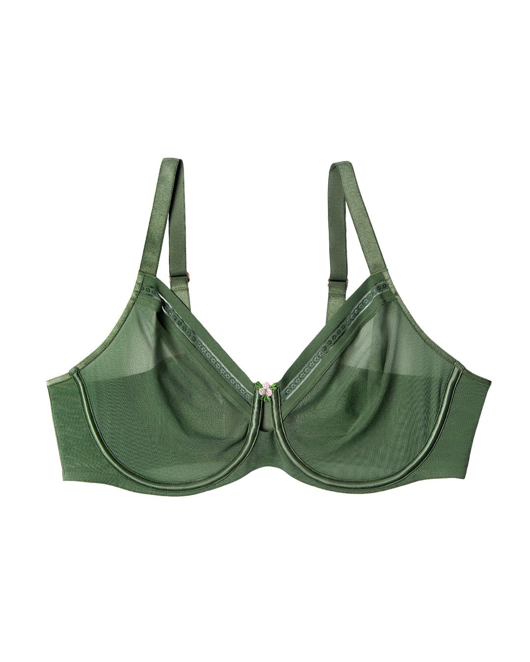Curvy Couture Sheer Mesh Full Coverage Underwire Bra with Geometric Trim in Bronze Green