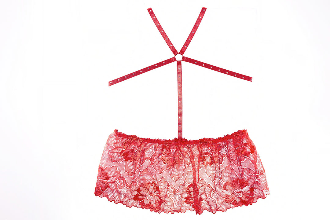 Madelyn Open-Cup Lace Babydoll and Panty in Red, front view