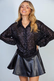 Sequin Mesh Knit Button Down Top in Black