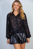 Sequin Mesh Knit Button Down Top in Black