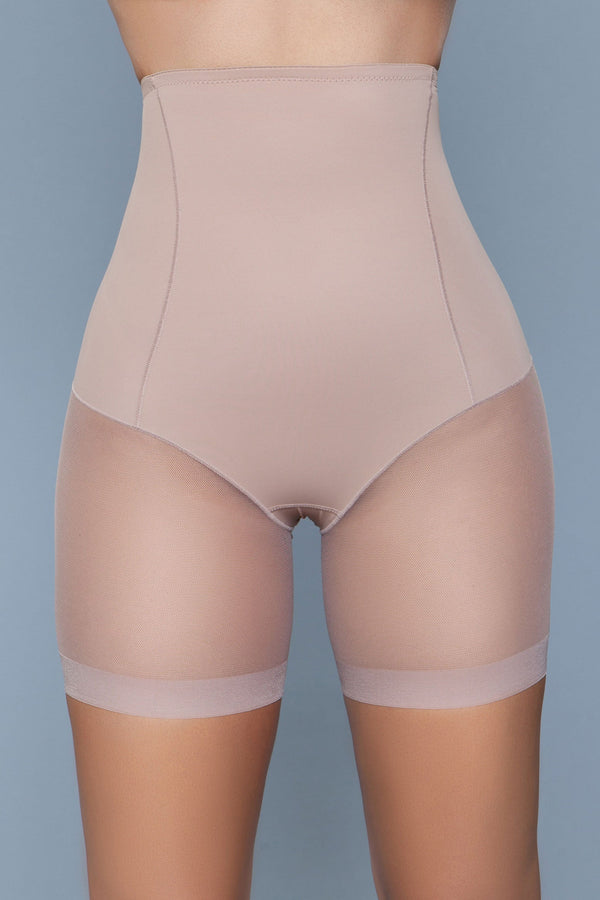 Nude plus size high-waist shapewear shorts with mesh panels in Nude, image 1