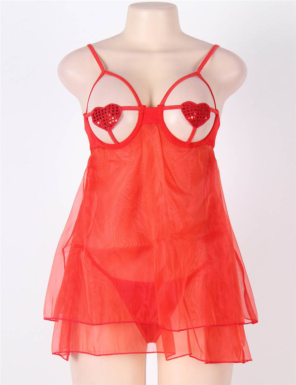 Red Open Cup Plus Size Babydoll With Adjustable Strap in red - Love It Curvy