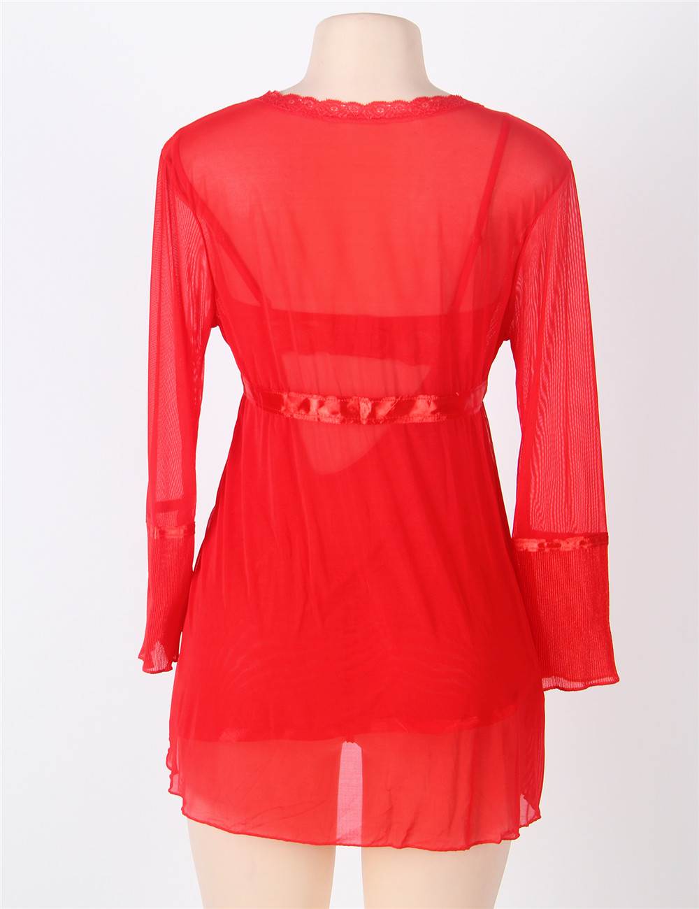 Plus Size Red Mesh Bell Sleeve Robe And Babydoll Set