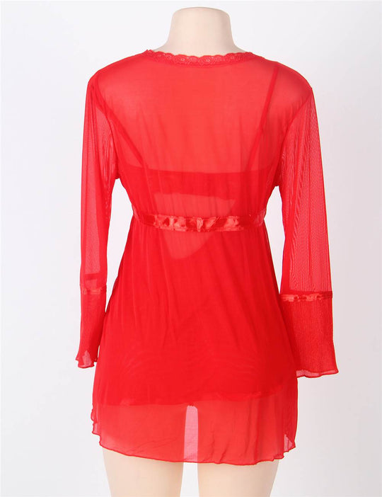 Plus Size Red Mesh Bell Sleeve Robe And Babydoll Set - Love it Curvy