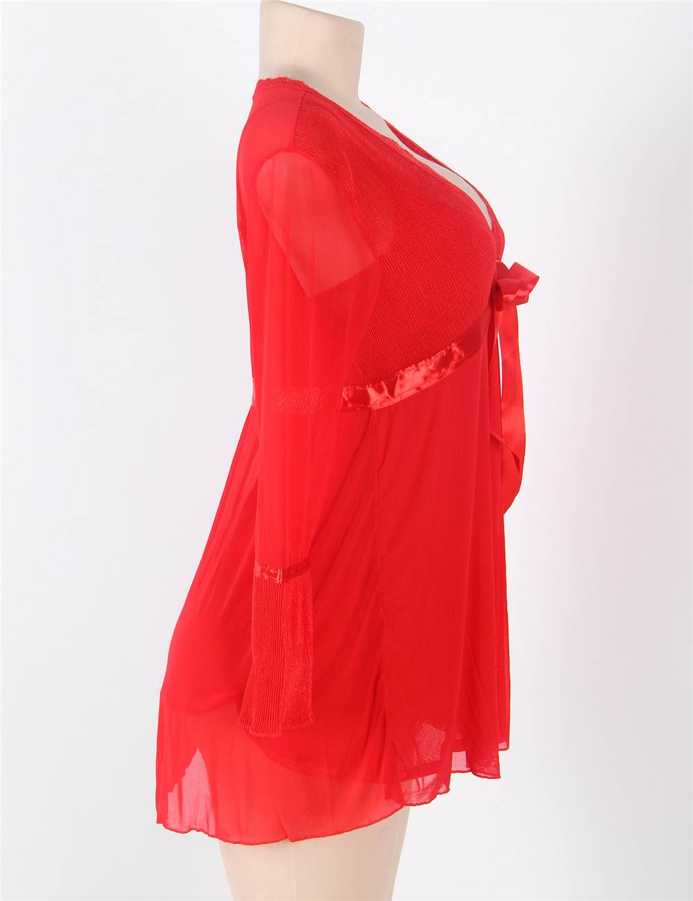 Plus Size Red Mesh Bell Sleeve Robe And Babydoll Set