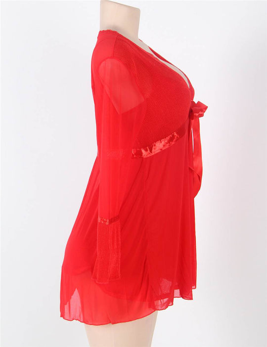 Plus Size Red Mesh Bell Sleeve Robe And Babydoll Set - Love it Curvy