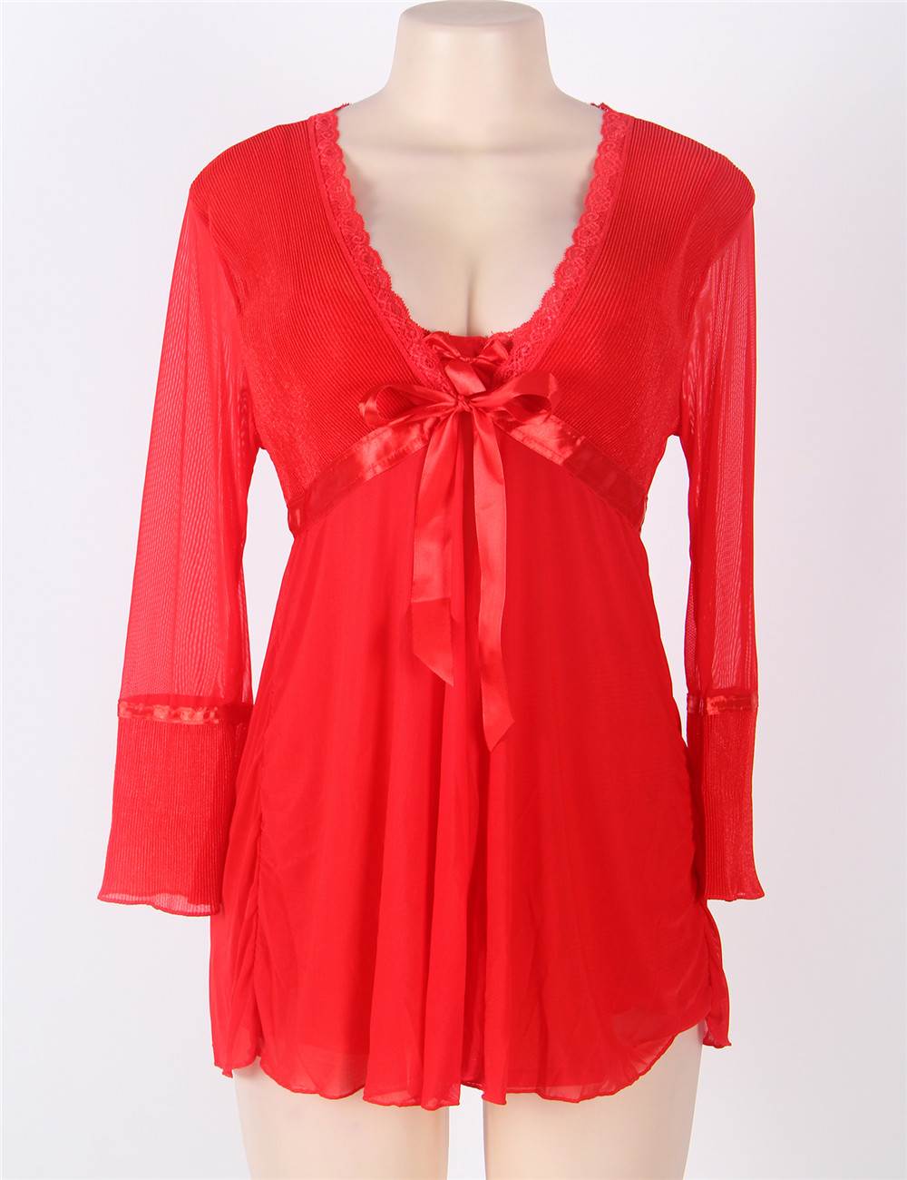 Plus Size Red Mesh Bell Sleeve Robe And Babydoll Set