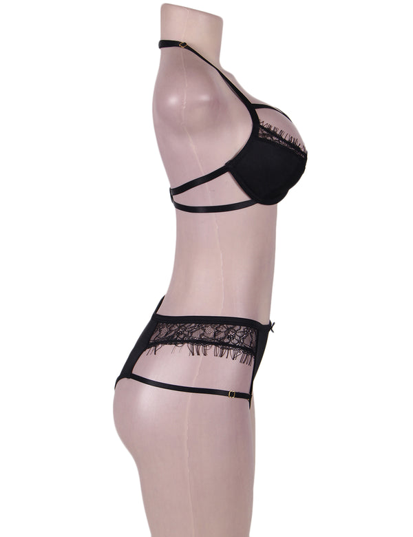 Plus Size Black Halter Sexy Bra Set With Eyelash - Love It Curvy