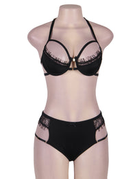 Plus Size Black Eyelash Lace Halter Bra Set | Love It Curvy