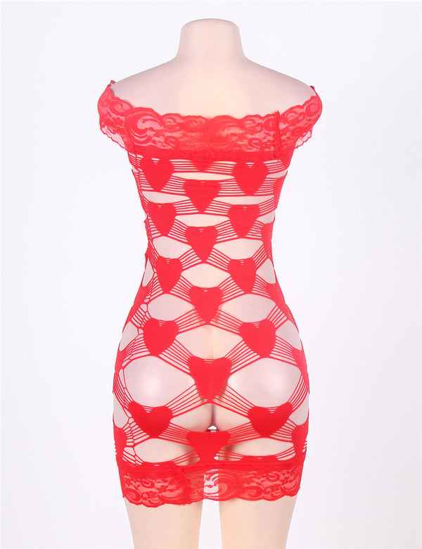Plus Size Off Shoulder Fence-Net Red Bodystocking - Love It Curvy
