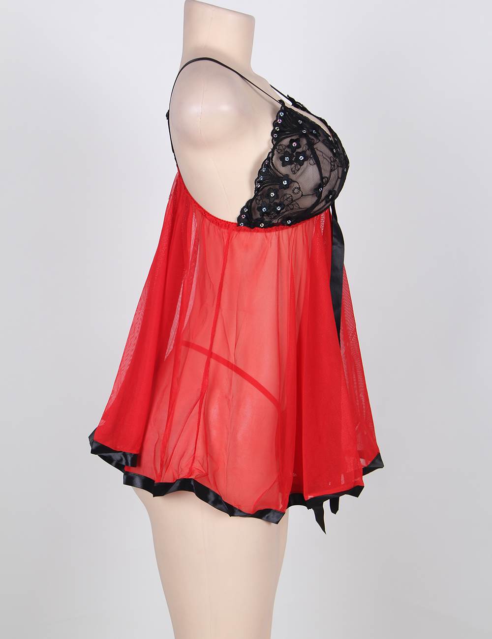 Black Red Sexy Rhinestone Plus Size See Through Nightgown in Red - Love It Curvy