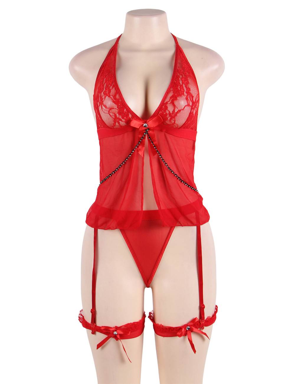 Plus Size Sheer Mesh Halter Babydoll Lingerie Set in white-1 - Love It Curvy