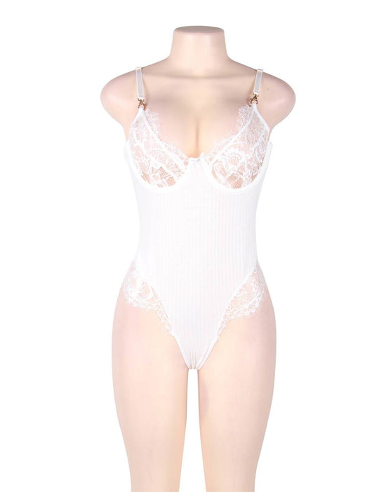 White Lace Statement Lace Up Sexy Teddy in White - Love It Curvy