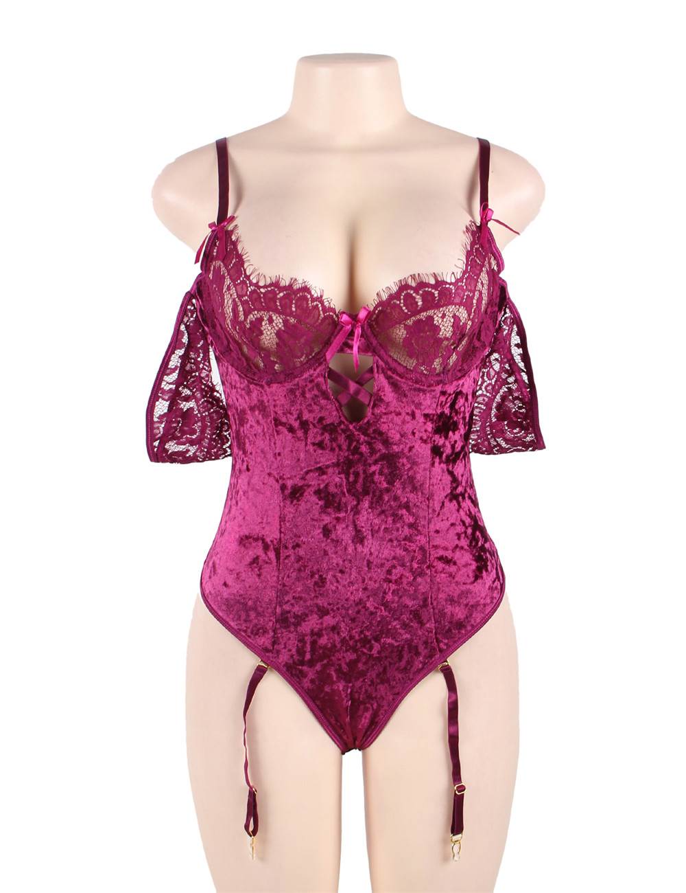 Plus Size Sheer Lace Off The Shoulder Lace Sleeves Velvet Teddy - Love It Curvy