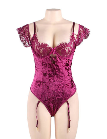 Plus Size Sheer Lace Off-The-Shoulder Lace Sleeves Velvet Teddy | Love It Curvy