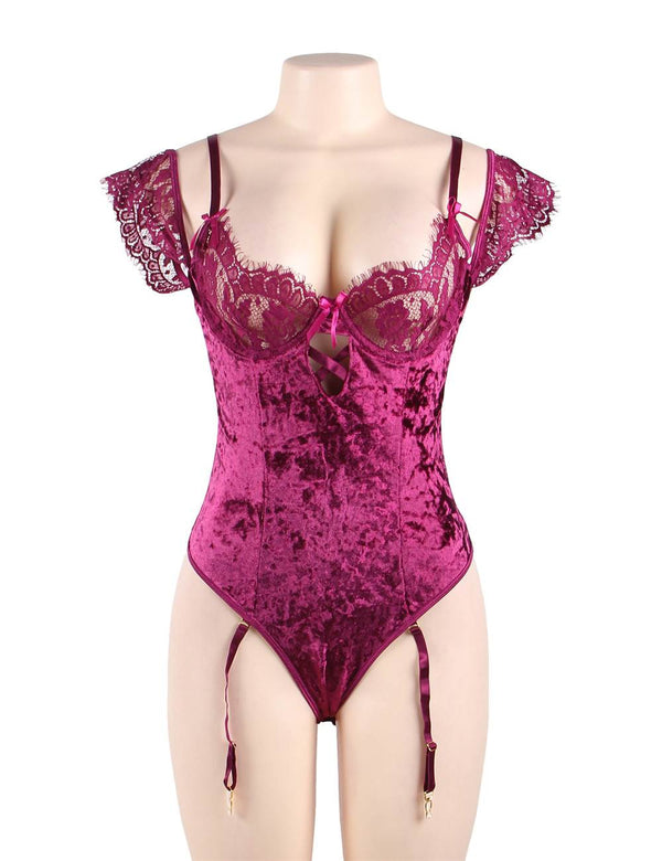 Plus Size Sheer Lace Off-The-Shoulder Lace Sleeves Velvet Teddy in Burgundy - Love It Curvy