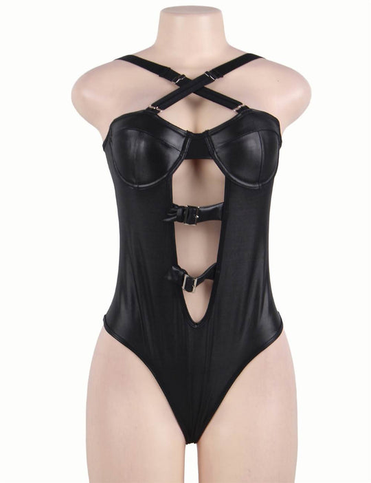Plus Size Faux Leather Cutout Teddy in red - Love It Curvy