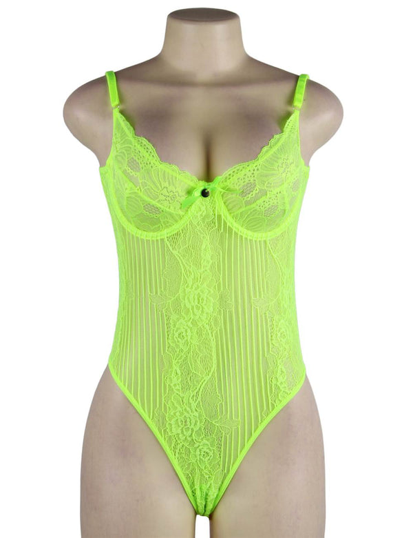Love It Curvy: Plus Size Underwired Sheer Lace Bodysuit in neon-green - Love It Curvy