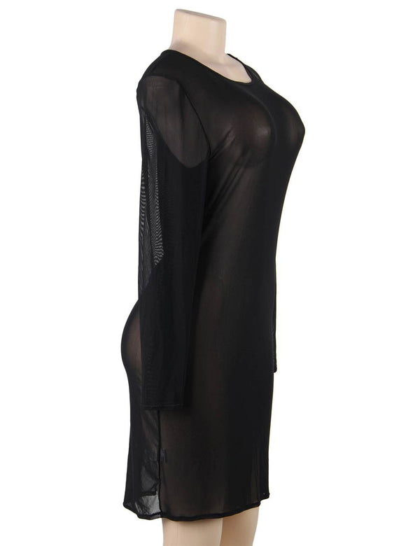 Plus Size Black Sexy Fashion Perspective Gauze Long Sleeve Women Dress | Love it Curvy on model