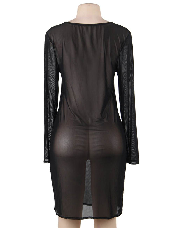 Plus Size Black Sexy Fashion Perspective Gauze Long Sleeve Women Dress | Love it Curvy on model
