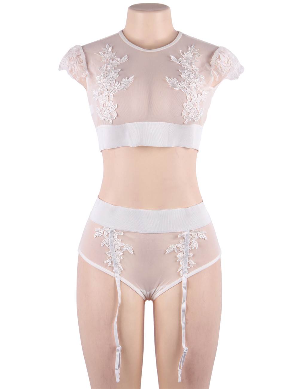 Plus Size Black Sexy High Waist Elegant Embroidery Bra And Garter Panty Set in black - Love It Curvy