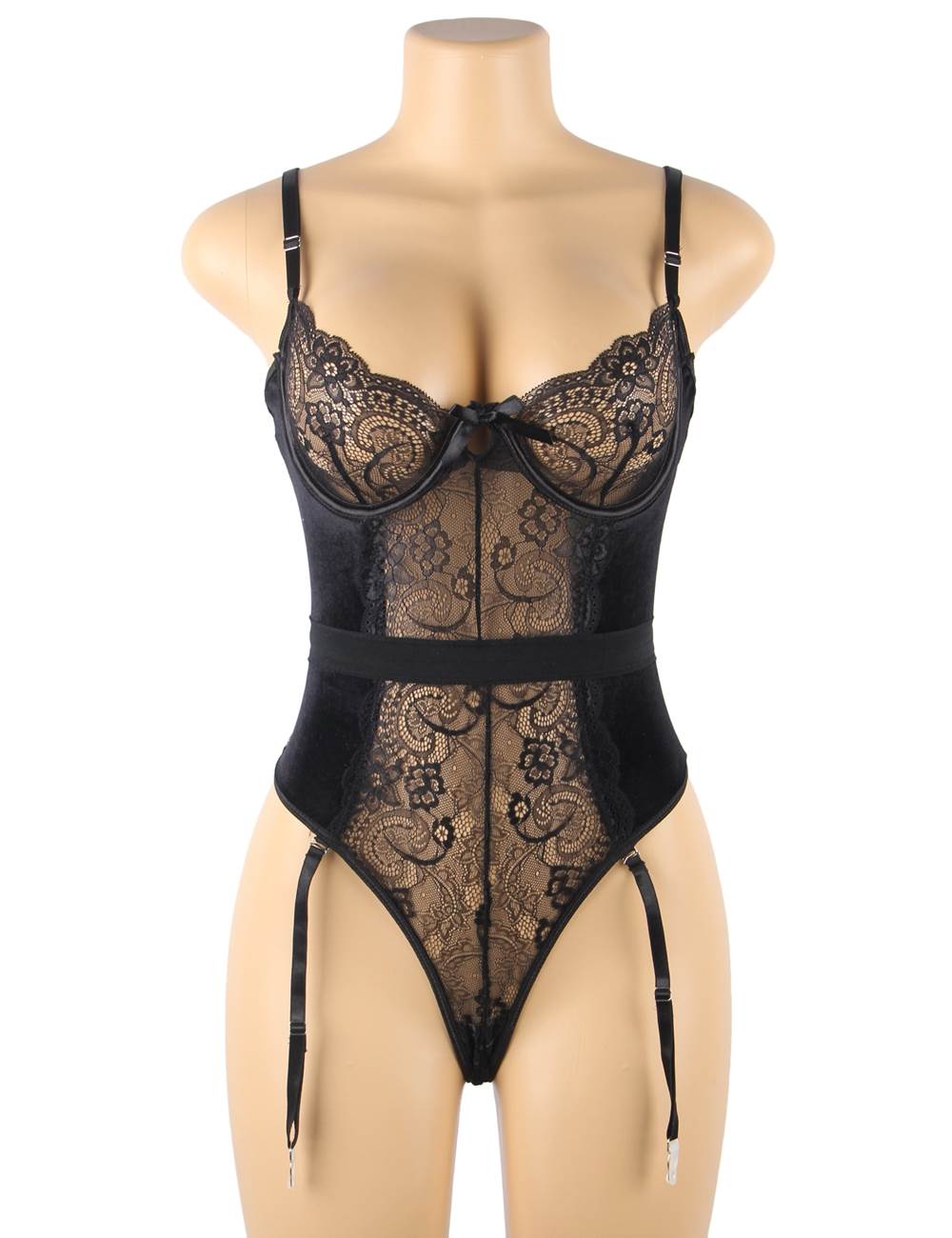 Sexy Lace Velour Plus Size Garter Bodysuit With Underwire in red - Love It Curvy
