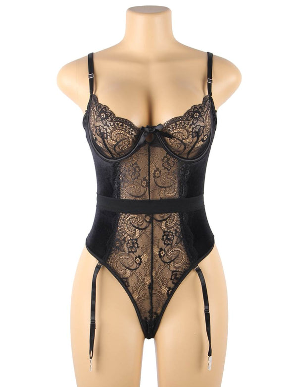 Sexy Lace Velour Plus Size Garter Bodysuit With Underwire in red - Love It Curvy