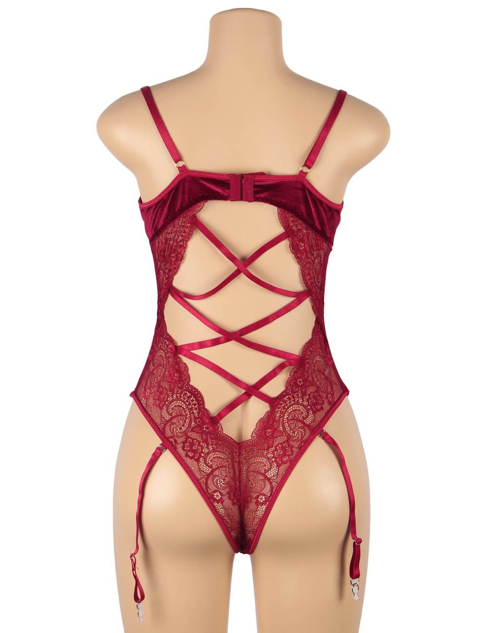 Sexy Lace Velour Plus Size Garter Bodysuit With Underwire in black - Love It Curvy