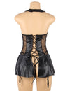 Plus Size Black Sexy Halter Leather Lace Stitching Gartered Lingerie - Love It Curvy