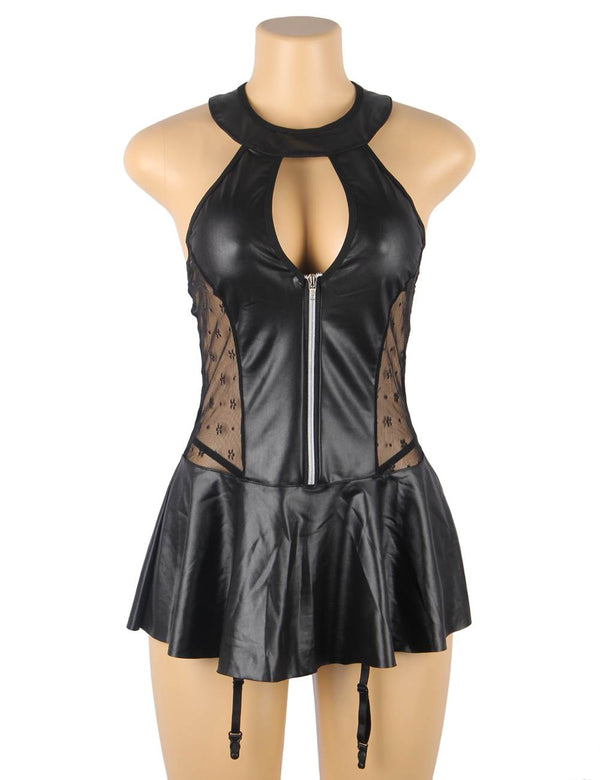 Plus Size Black Sexy Halter Leather Lace Stitching Gartered Lingerie - Love It Curvy