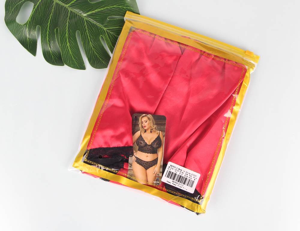 Packaged red satin fabric with a model image on a white background