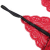 Red lace lingerie with a black strap on a white background